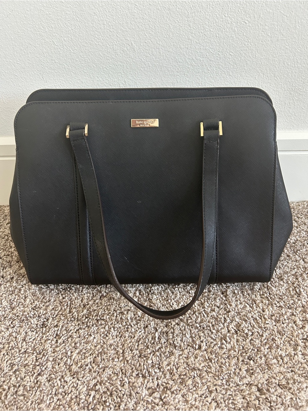 kate spade Black Saffiano Leather Structured Tote with Gold Hardware